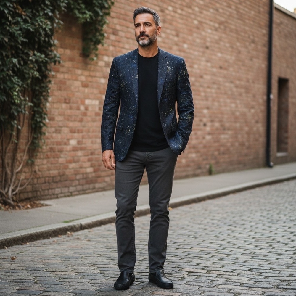 Vintage Vinci 2-Button Italian Suit Jacket Mens Navy Blue Paint Splatter 4XL NWT